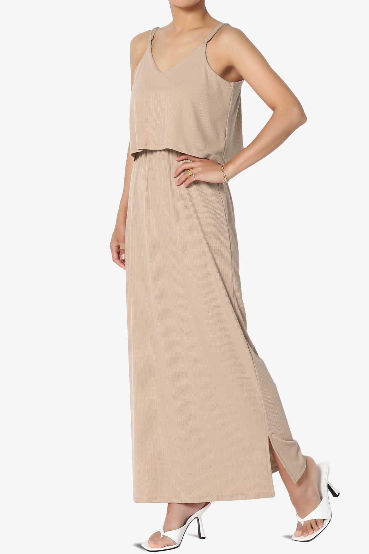 Elore Cami Overlay Ribbed Slit Maxi Dress LIGHT MOCHA_3