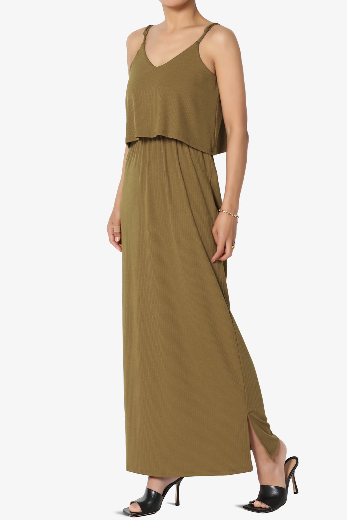 Elore Cami Overlay Ribbed Slit Maxi Dress OLIVE KHAKI_3