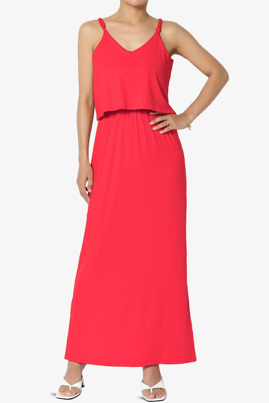 Elore Cami Overlay Ribbed Slit Maxi Dress RED_1