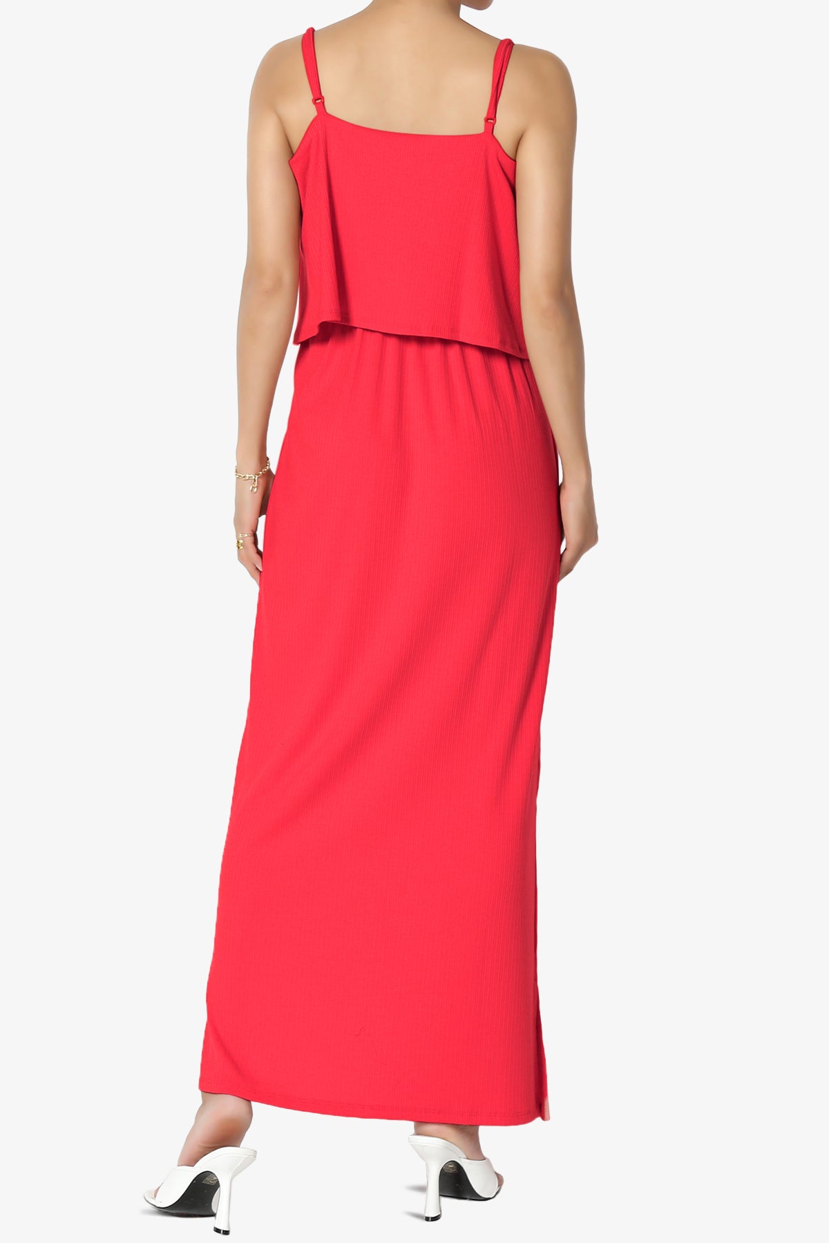 Elore Cami Overlay Ribbed Slit Maxi Dress RED_2
