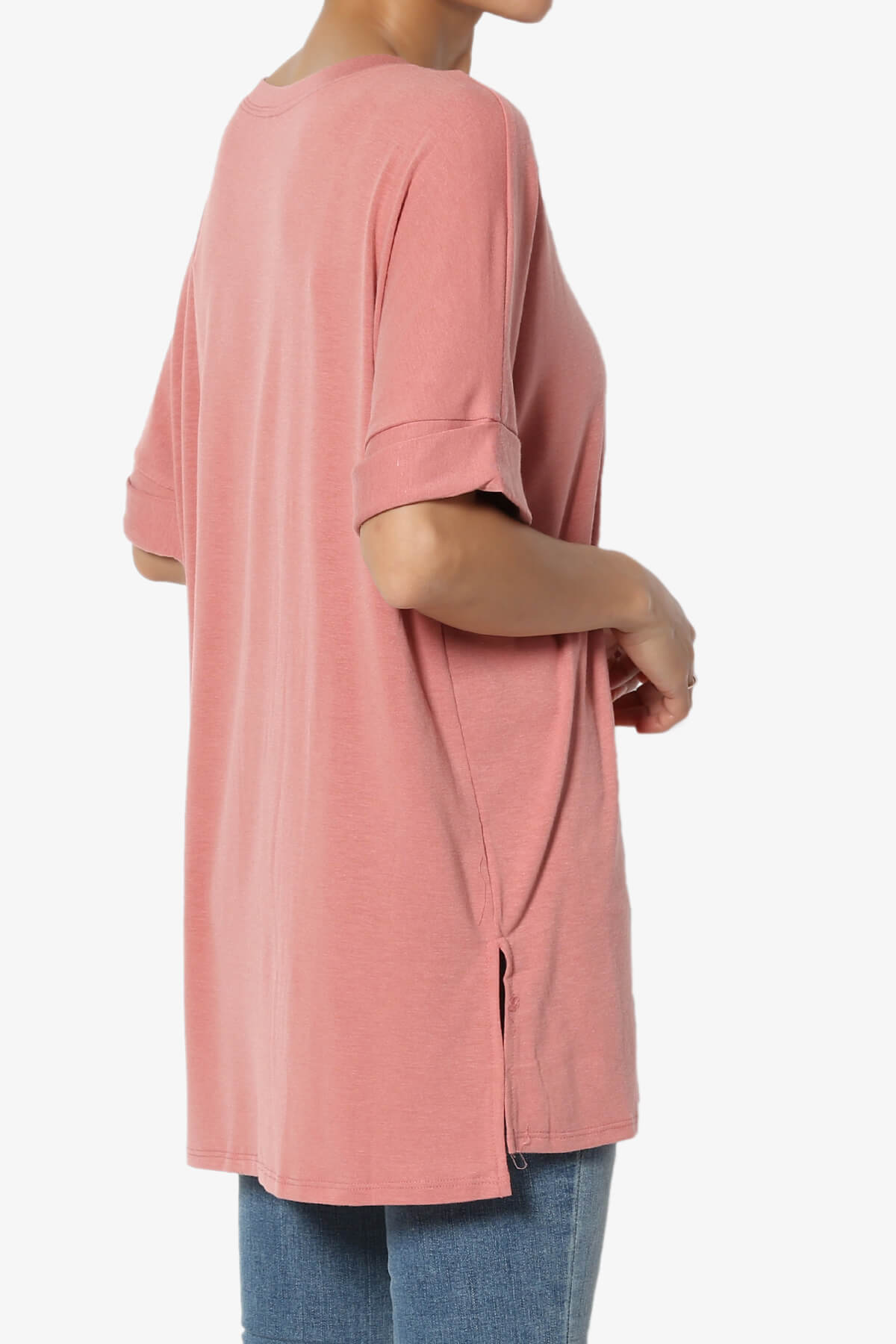 Onella Round Neck Rolled Short Sleeve Top ASH ROSE_4