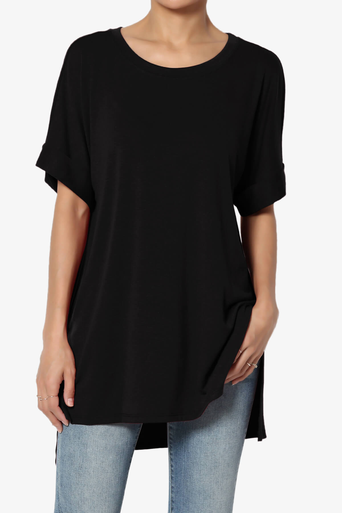 Onella Round Neck Rolled Short Sleeve Top BLACK_1