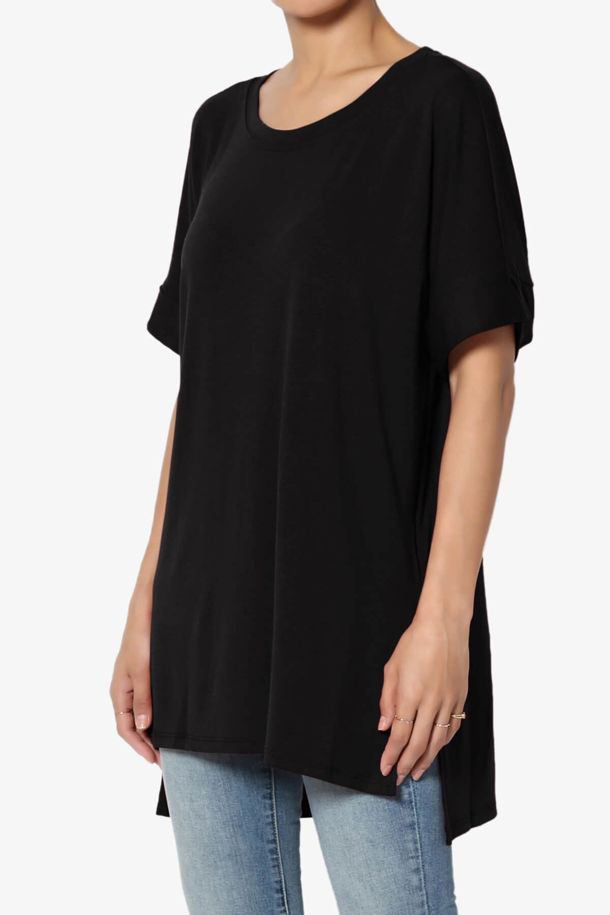 Onella Round Neck Rolled Short Sleeve Top BLACK_3