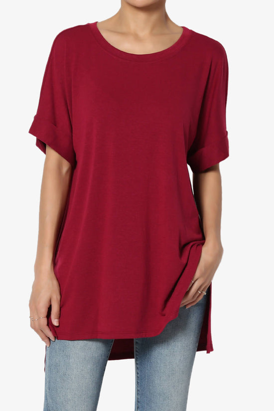 Onella Round Neck Rolled Short Sleeve Top BURGUNDY_1
