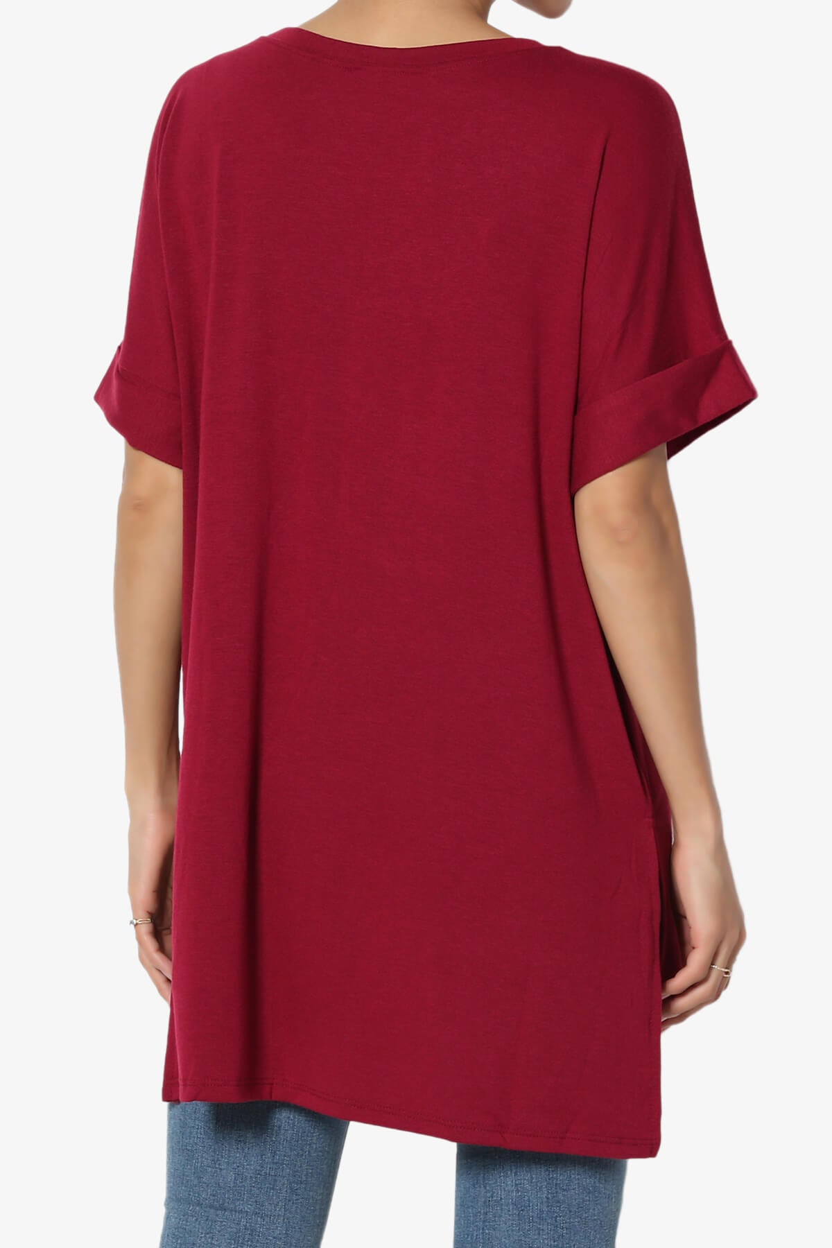 Onella Round Neck Rolled Short Sleeve Top BURGUNDY_2