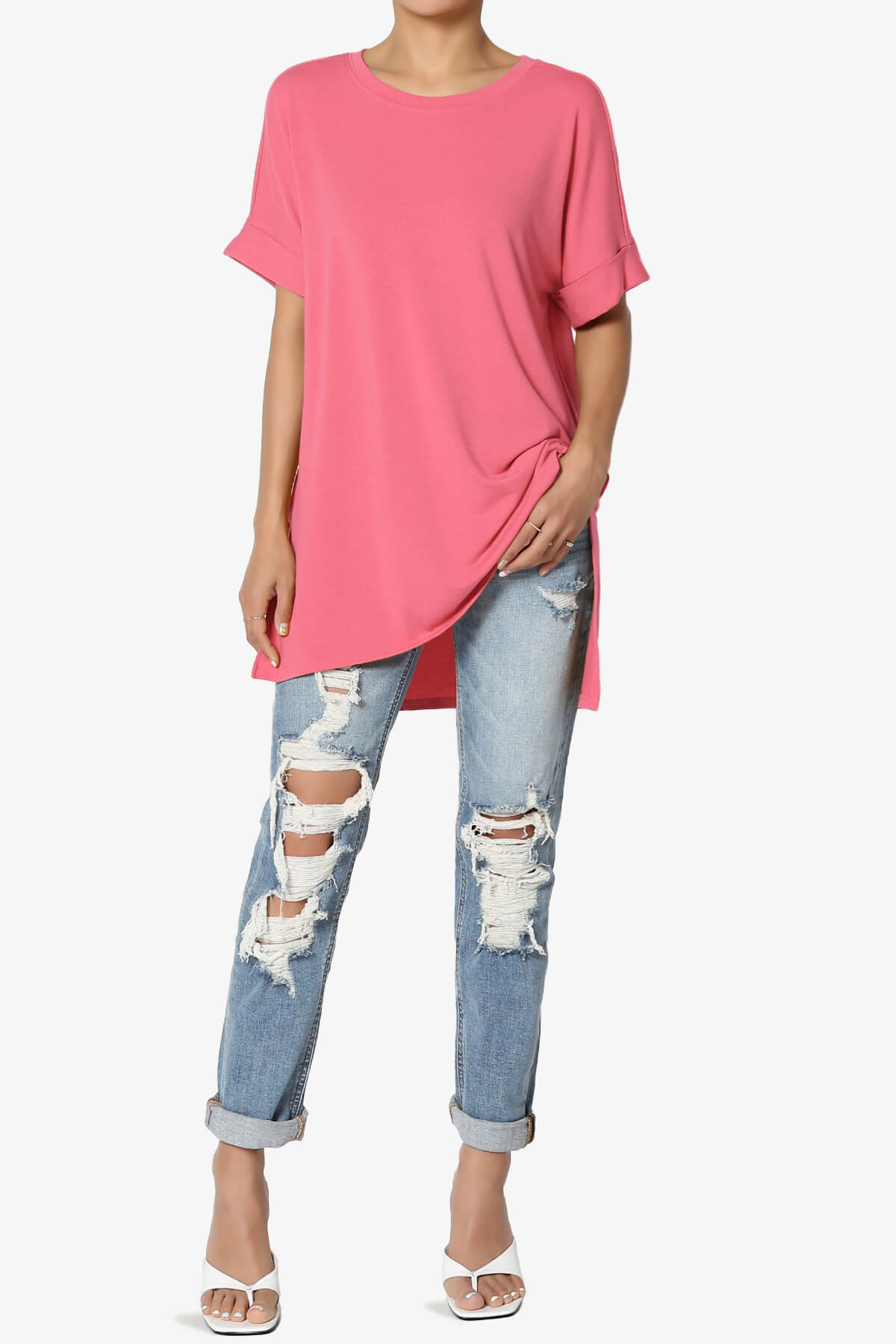 Onella Round Neck Rolled Short Sleeve Top DESERT ROSE_6