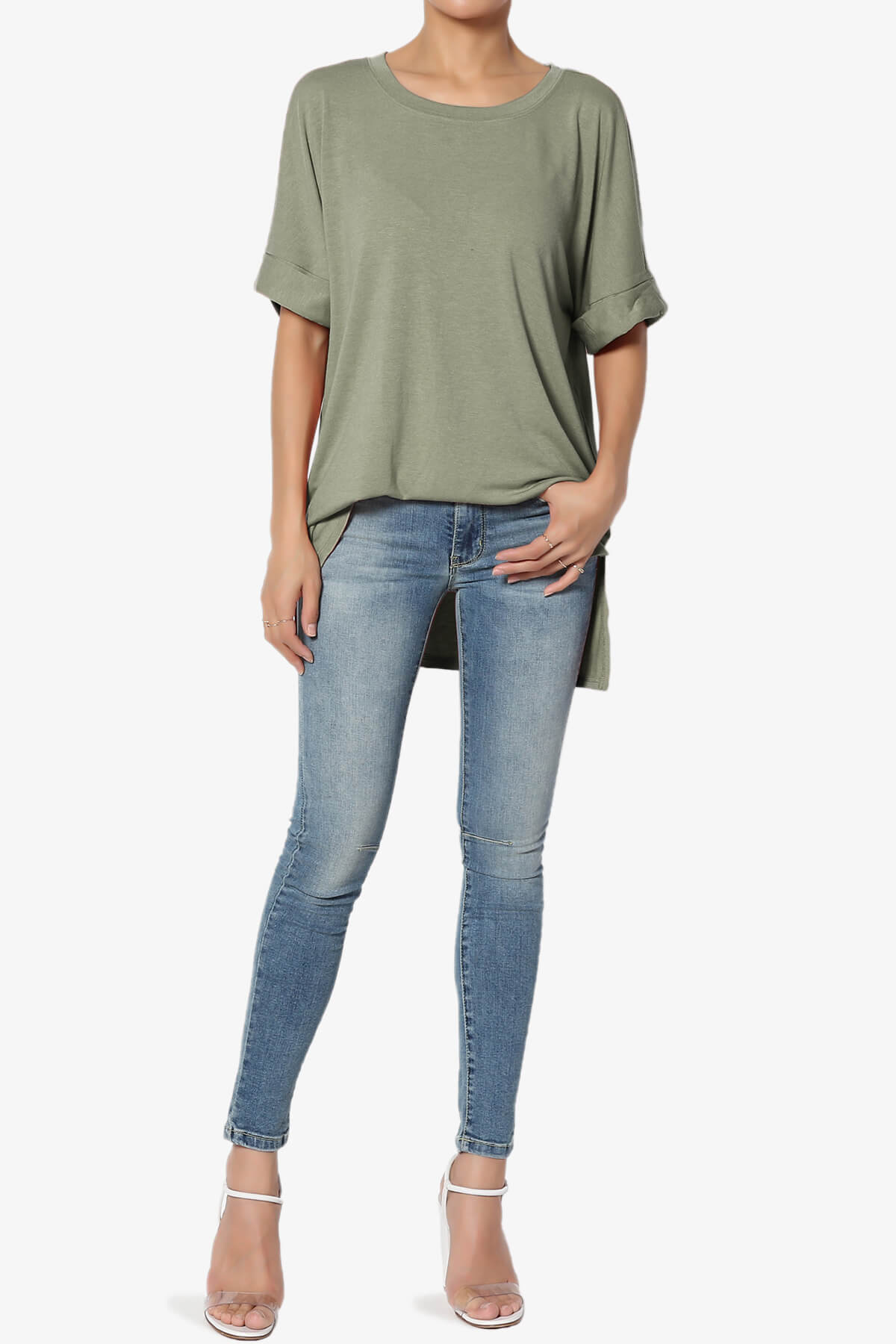 Onella Round Neck Rolled Short Sleeve Top DUSTY OLIVE_6