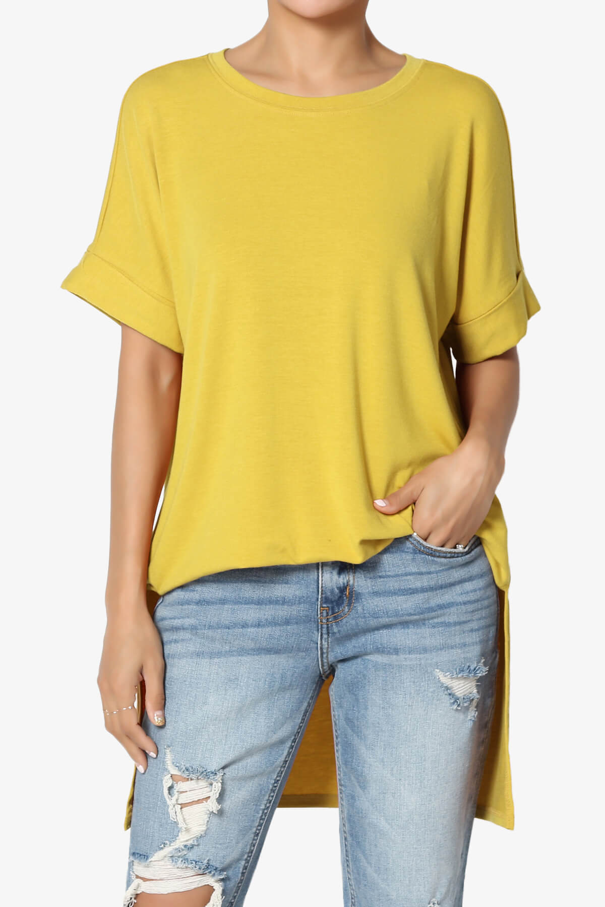 Onella Round Neck Rolled Short Sleeve Top GOLDEN WASABI_1