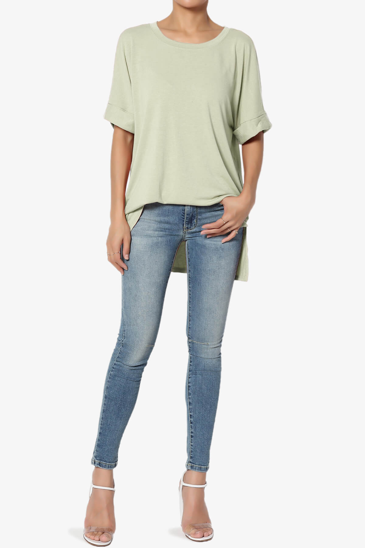 Onella Round Neck Rolled Short Sleeve Top LIGHT SAGE_6