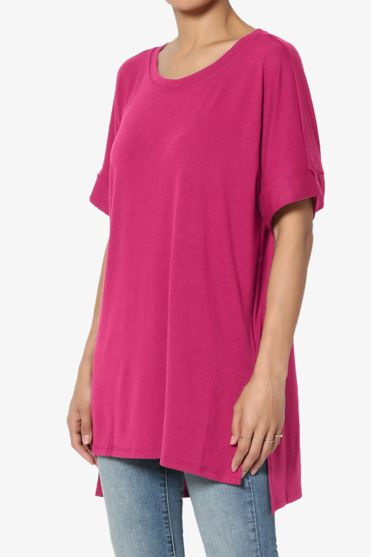 Onella Round Neck Rolled Short Sleeve Top MAGENTA_3