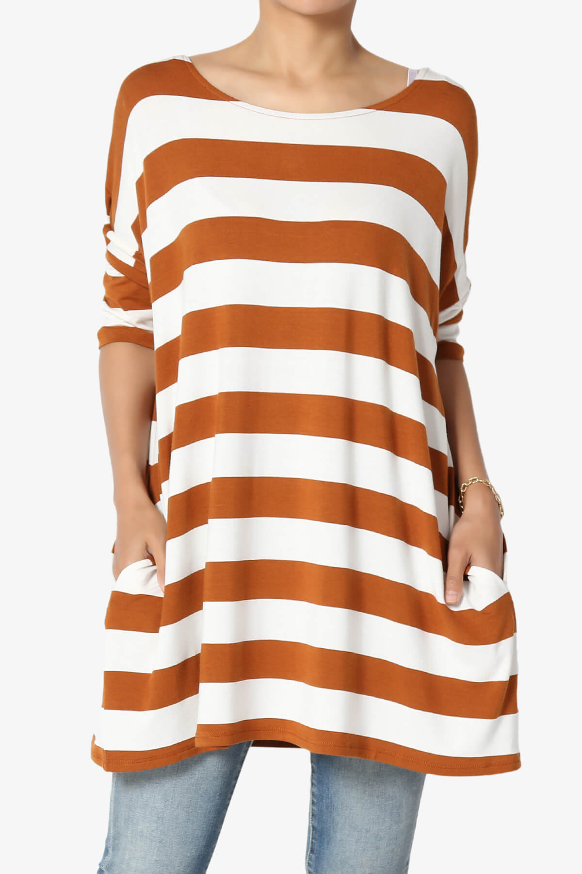 Timp Stripe Drop Shoulder Tunic Top ALMOND_1