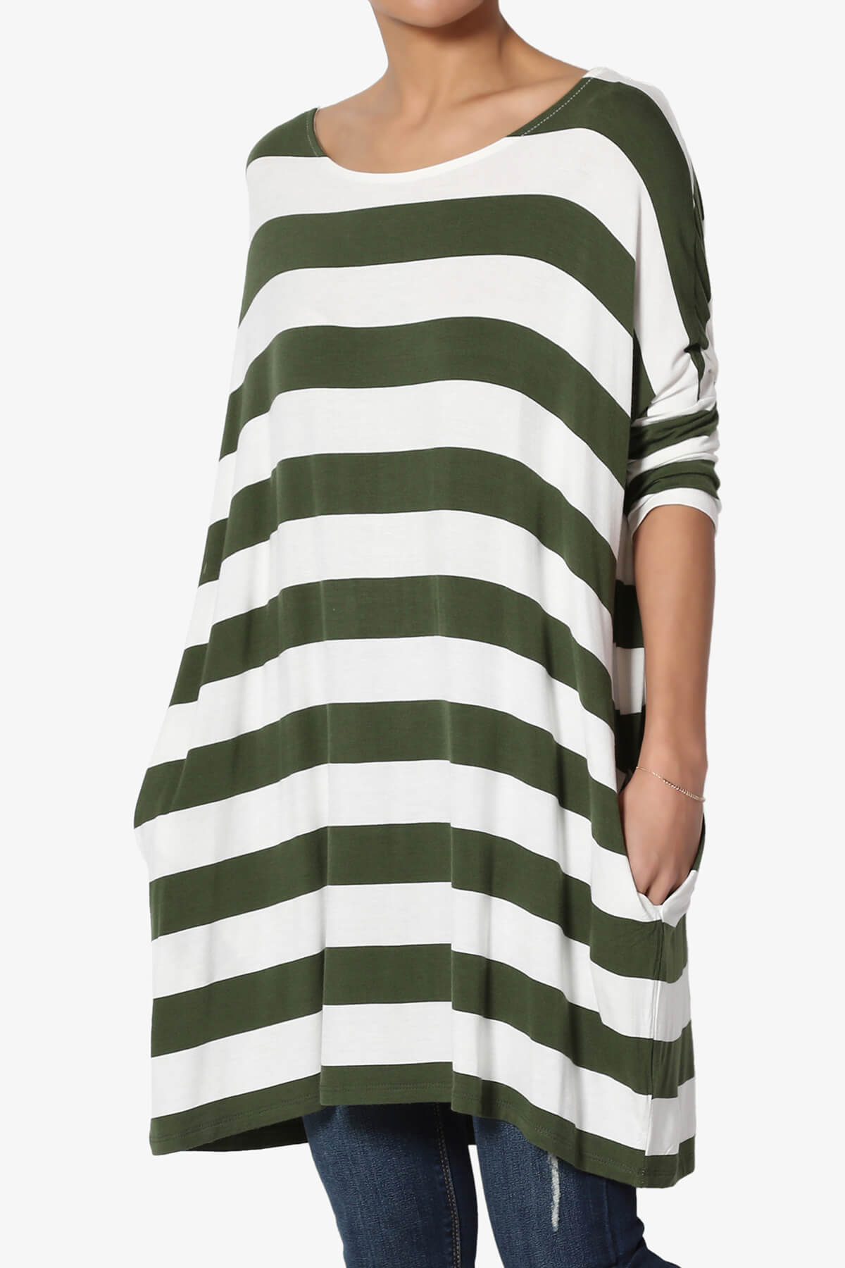 Timp Stripe Drop Shoulder Tunic Top ARMY GREEN_3