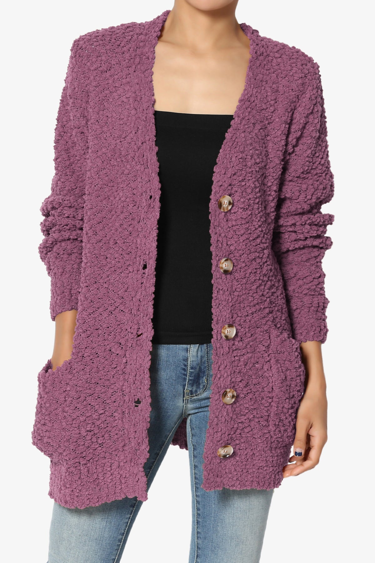 Barry Button Teddy Knit Sweater Cardigan DUSTY PLUM_1