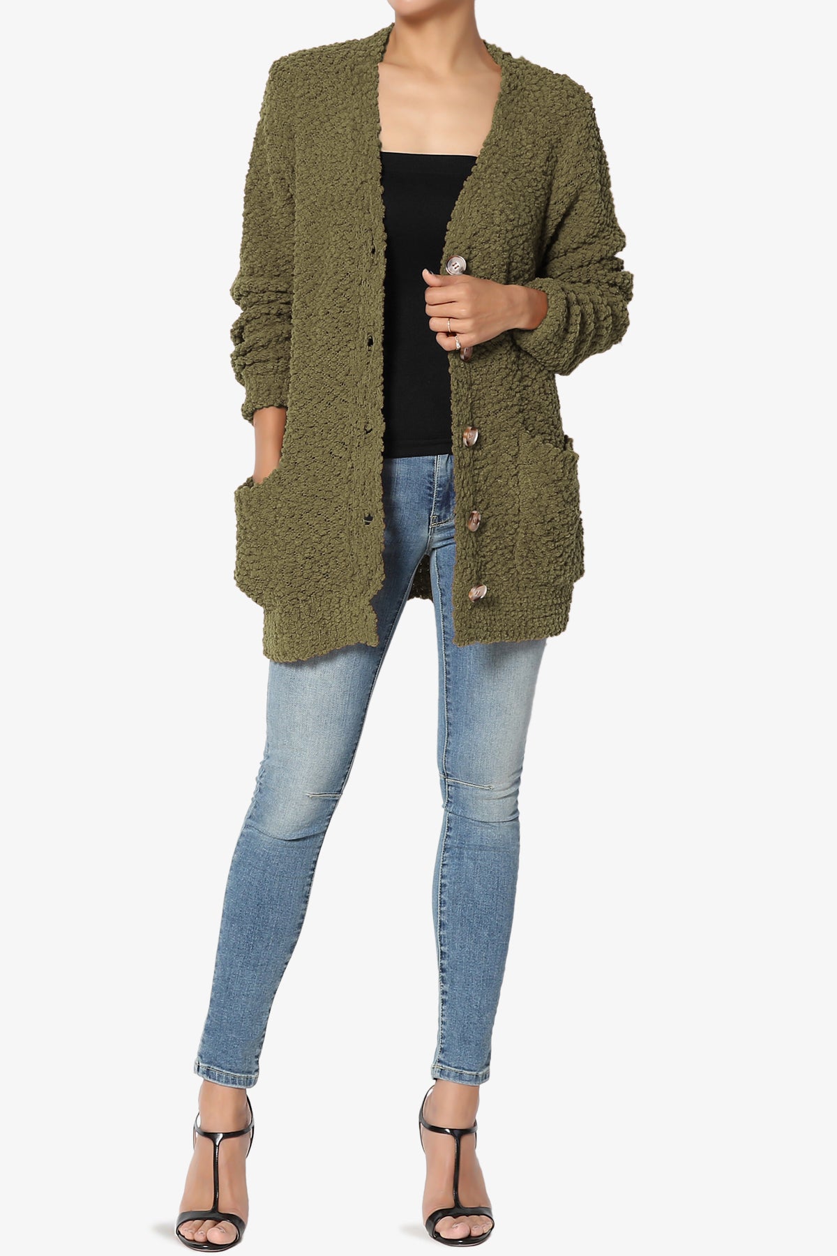 Barry Button Teddy Knit Sweater Cardigan OLIVE KHAKI_6